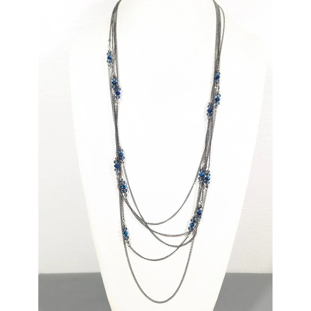 Gunmetal Multi Strand Layered Necklace Peacock Blue & Black Glass‎ Beads 33